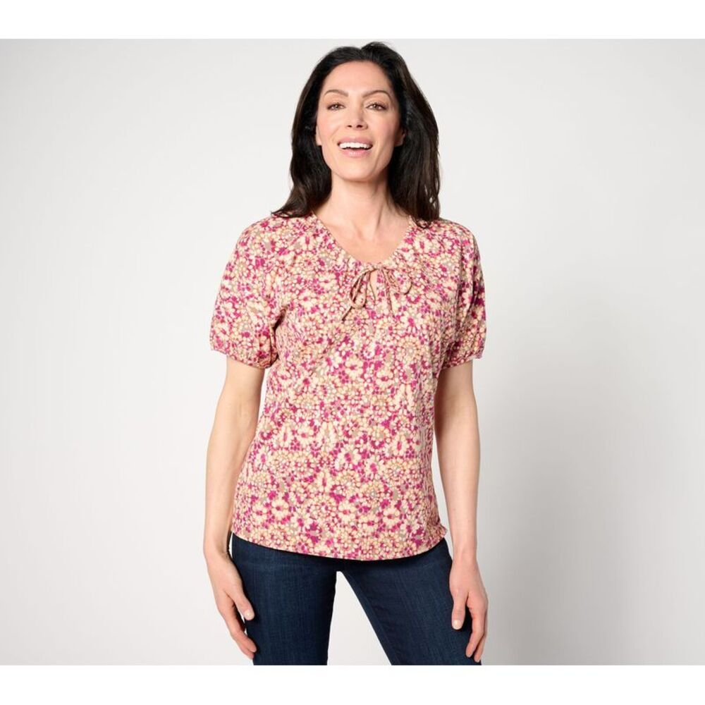 Gloria Vanderbilt Women's Top Sz L Ruched V-Neck Short Sleeve Printed Red
